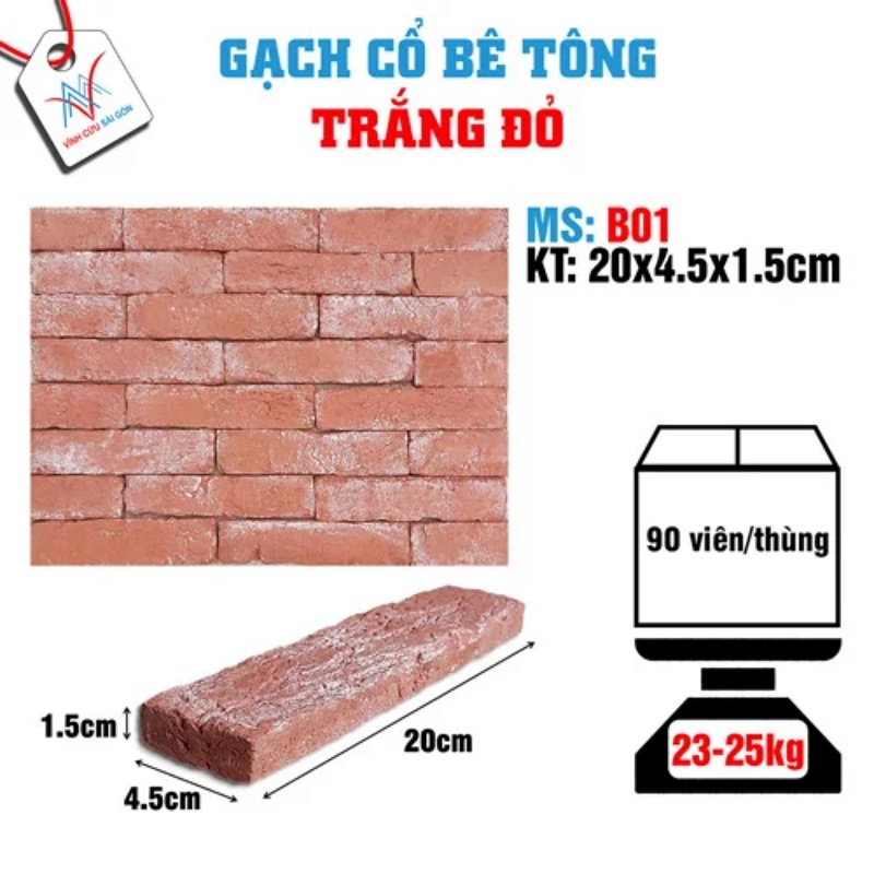 Gạch cổ ốp tường trắng đỏ 200x45x15mm B01