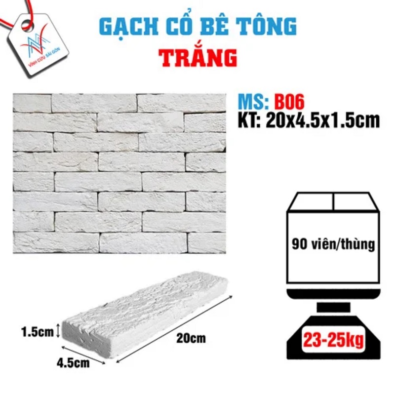 Gạch cổ ốp tường trắng 200x45x15mm B06