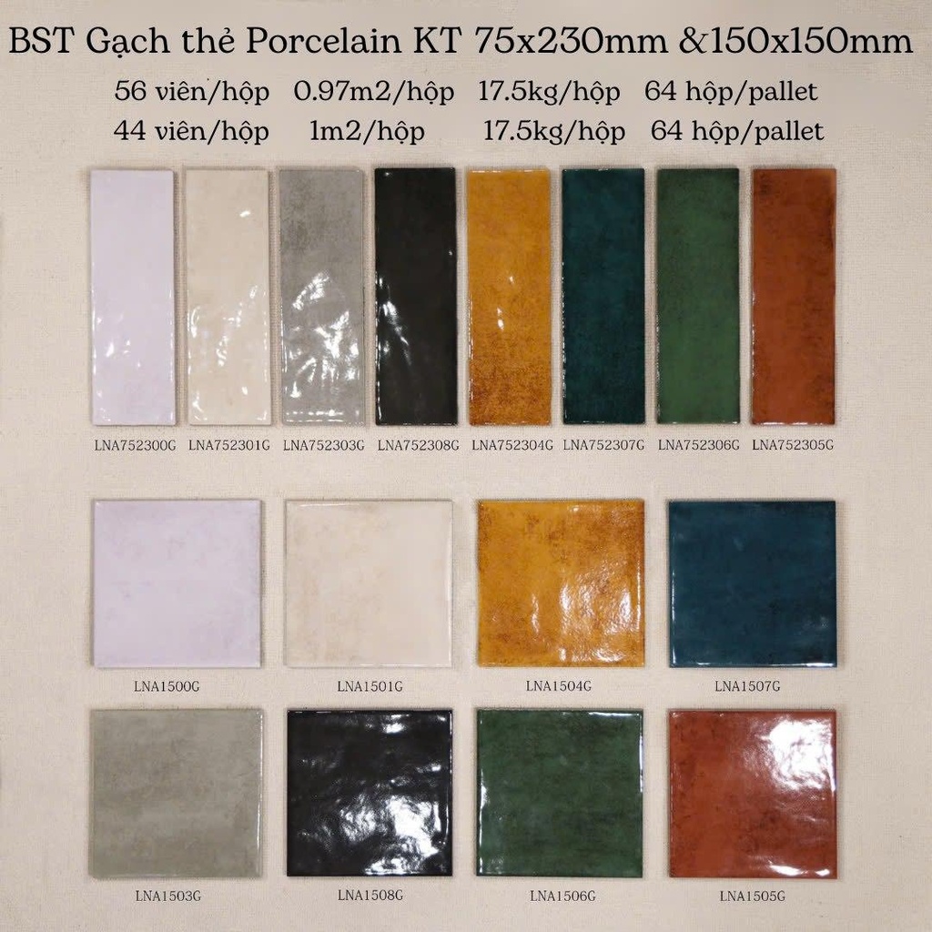 Gạch thẻ Porcelain bóng lượn KT 150x150mm mã LNA1500G