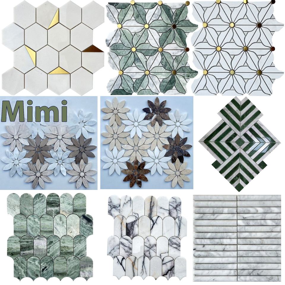 [DSC-2607-69440] Gạch mosaic parquet dạng que vân lông vũ vàng hiện đại, đá marble xanh ốp hồ cá, hồ bơi, khách sạn, bếp, phòng tắm, dày 7MM