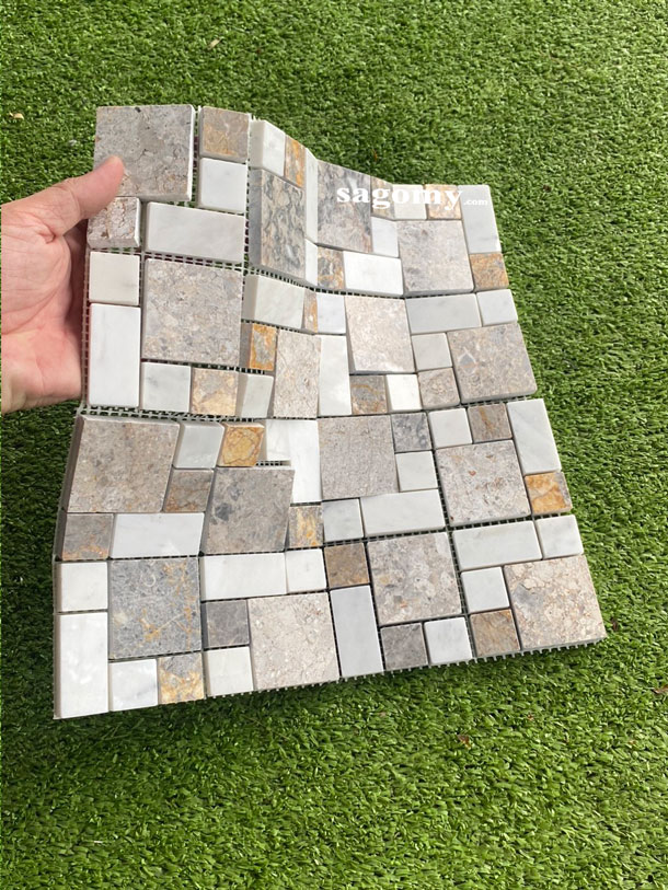[DSC-2608-95944] Gạch Mosaic Đá Tự Nhiên Hỗn Hợp Xám Vàng Bóng