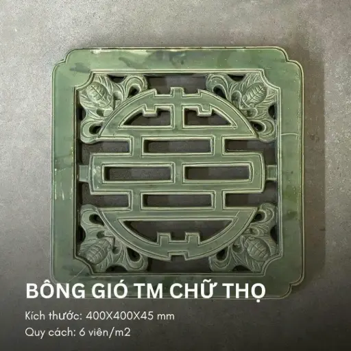 Gạch bông gió gốm chữ thọ xanh tráng men, KT 400x400mm mã CT400 (6v/m2)