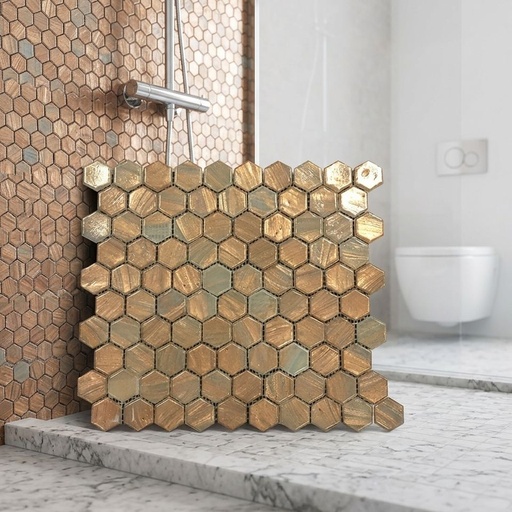 Gạch Mosaic Lục Giác Vàng Bronze Trộn Kính GC-KOOCI HKPL46
